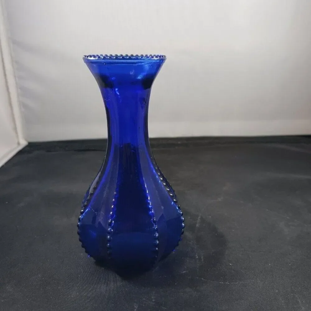 Vintage Indiana Glass Vase Beaded Edge Zipper 8 Sided Cobalt Blue 4 7/8